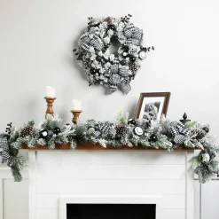 Flocked Pine with Harlequin Ornaments and Bows Artificial Christmas Garland - 6' x 8