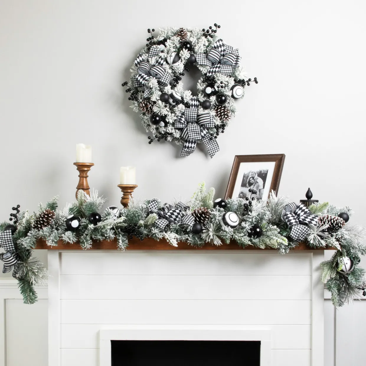 Flocked Pine with Harlequin Ornaments and Bows Artificial Christmas Garland - 6' x 8" - Unlit