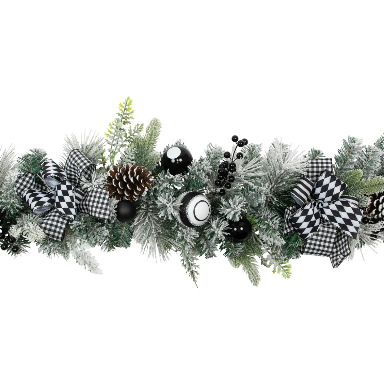 Flocked Pine with Harlequin Ornaments and Bows Artificial Christmas Garland - 6' x 8" - Unlit