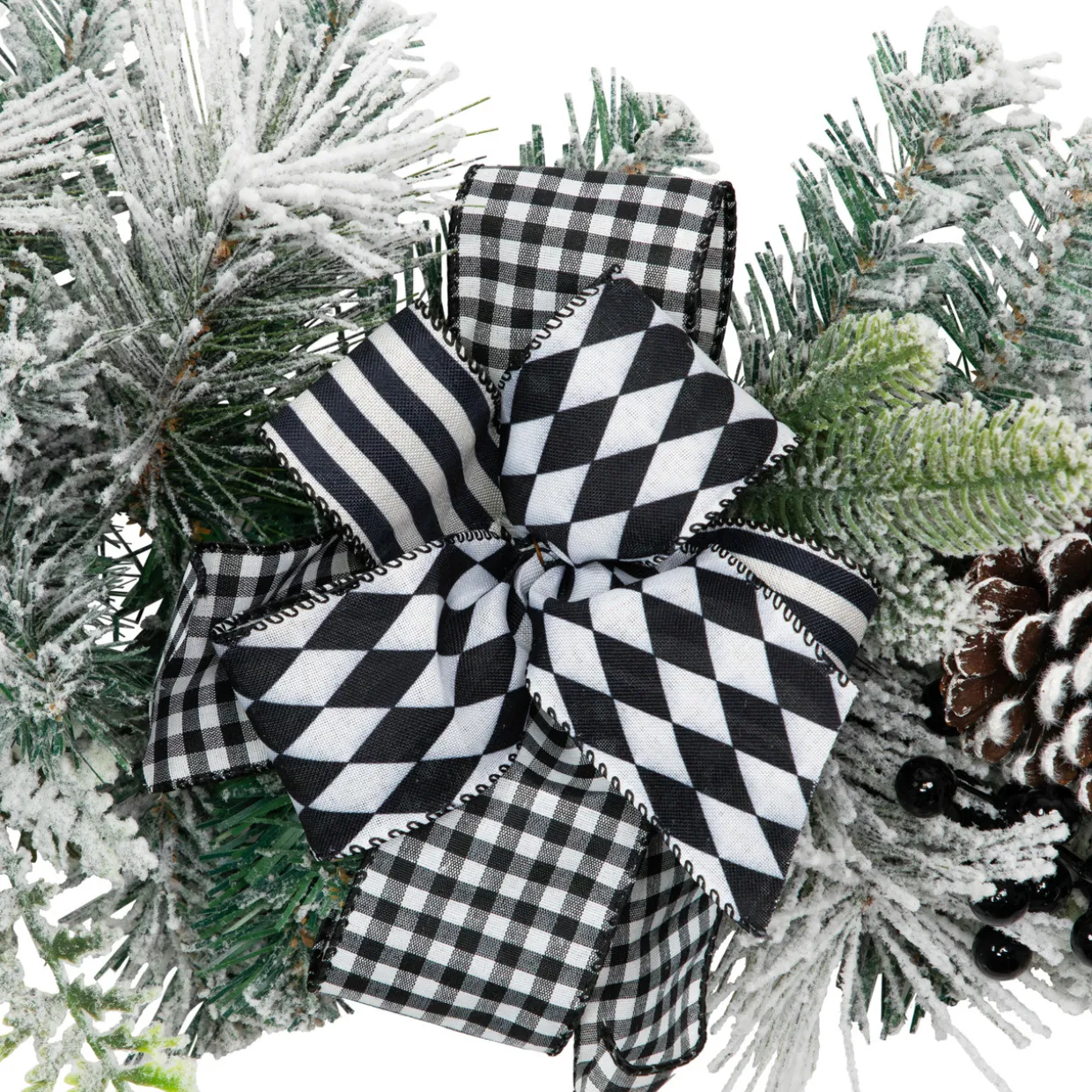Flocked Pine with Harlequin Ornaments and Bows Artificial Christmas Garland - 6' x 8" - Unlit