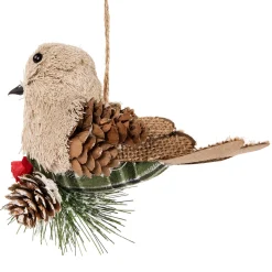 Front Facing Bird on Frosted Pine Needle Christmas Ornament - 6.75
