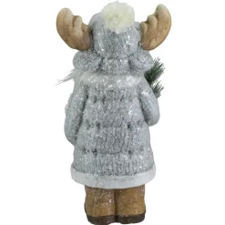 Frosted Ceramic Moose in Winter Coat Holding Pine Sprigs Christmas Figure - 18