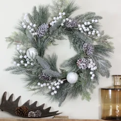 Frosted Mixed Pine and Pine Cone Artificial Christmas Wreath, 24-inch, Unlit