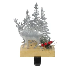 Galvanized Metal Deer with Trees Christmas Stocking Holder - 8.5" - Silver