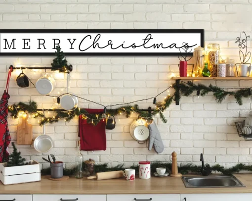 Giant Merry Christmas 6.5" x 49.5" Framed Christmas Wall Decor Art Print Sign Poster in a Black Wooden Frame with UV Acrylic and Hangers