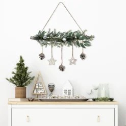 Glittered Holly Branch with Stars and Pinecones Christmas Wall Decoration - 20.75" - Silver