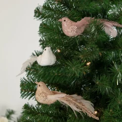 Glittered Bird Christmas Clip-on Ornaments - 6.5" - Pink and Champagne - Set of 3