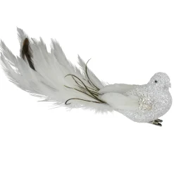 Glittered Bird with Feather Tail Clip-on Christmas Ornament - 8" - White and Black
