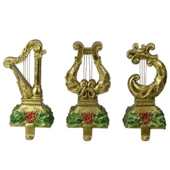 Glittered Harp Christmas Stocking Holders - 7" - Gold Finish - Set of 3