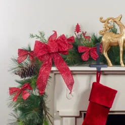 Glittered 2-Loop Christmas Bow Decorations - 5.5" - Red - Pack of 6