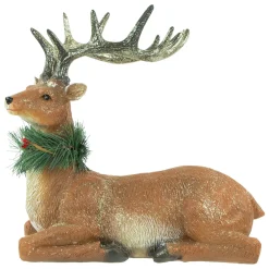 Glittered Sitting Deer with Pine Neck Wreath Christmas Decoration - 10"