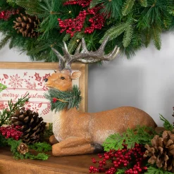 Glittered Sitting Deer with Pine Neck Wreath Christmas Decoration - 10"