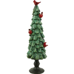 Glittered Tree with Cardinals Christmas Decoration - 11" - Green and Red