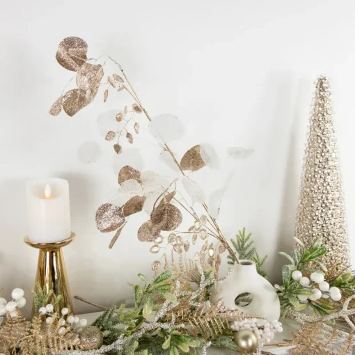 Glittered Winter Leaves Artificial Christmas Spray - 32" - White and Gold