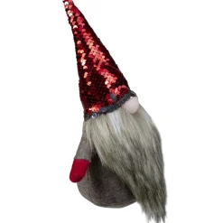 Gnome with Beard and Flip Sequin Hat Christmas Figure - 9" - Red and Gray