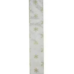 Gold and White Snowflake Printed Christmas Wired Craft Ribbon 2.5" x 10 Yards
