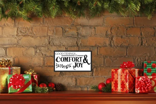 Good Tiding of Comfort and Joy 7.5" x 13.5" Framed Christmas Wall Decor Art Print Sign Poster in a Black Wooden Frame with UV Acrylic and Hangers