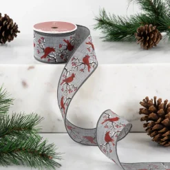 Gray and Red Cardinal Wired Craft Christmas Ribbon 2.5" x 10 Yards