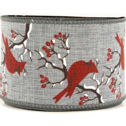 Gray and Red Cardinal Wired Craft Christmas Ribbon 2.5