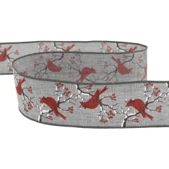 Gray and Red Cardinal Wired Craft Christmas Ribbon 2.5