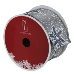 Gray and White Glitter Snowflake Christmas Wired Craft Ribbon 2.5