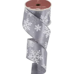 Gray and White Shimmering Snowflakes Wired Craft Christmas Ribbon 2.5