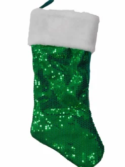 Green & White Satin Sequin & Faux Fur Christmas Holiday Stocking