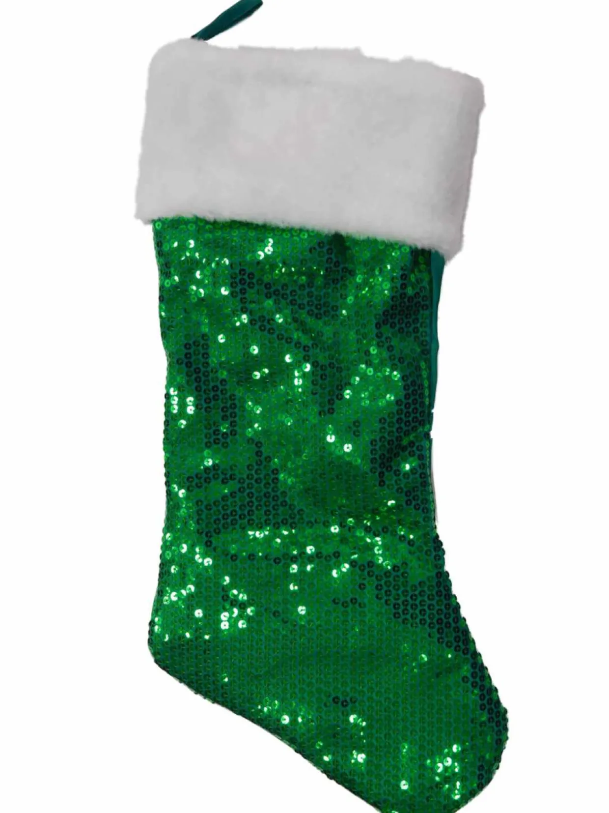 Green & White Satin Sequin & Faux Fur Christmas Holiday Stocking