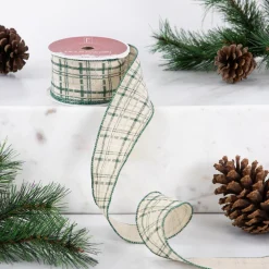 Green and Beige Plaid Wired Craft Christmas Ribbon 2.5" x 10 Yards