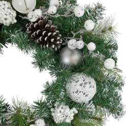 Green Pine Frosted Artificial Christmas Wreath with Laced Ornaments, 24-Inch, Unlit