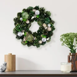 Green Pinecone and Foliage Artificial Christmas Wreath, 14-Inch, Unlit