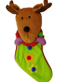 Green Pom Pom Star Reindeer Face Christmas Holiday Stocking