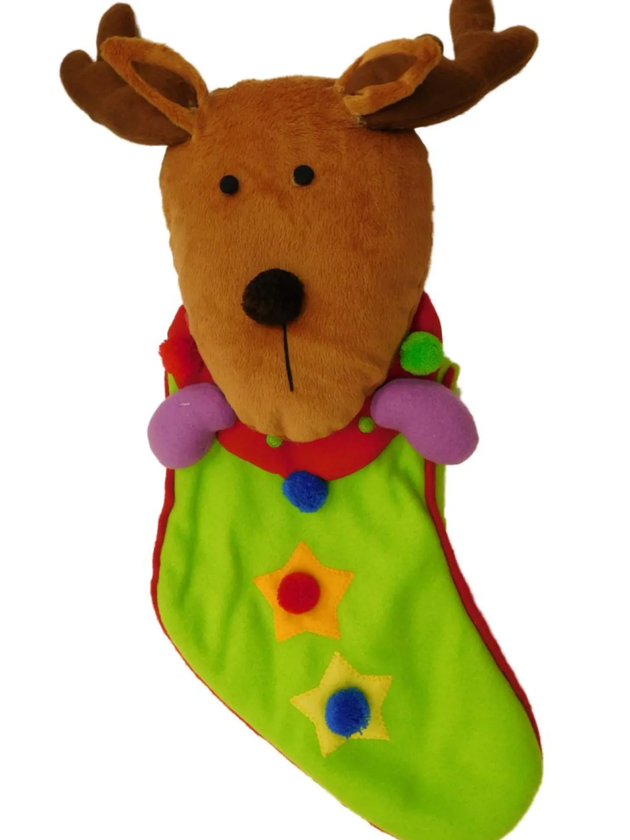 Green Pom Pom Star Reindeer Face Christmas Holiday Stocking