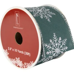 Green with Glitter Snowflakes Wired Craft Christmas Ribbon 2.5" x 10 Yards
