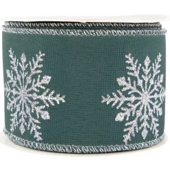 Green with Glitter Snowflakes Wired Craft Christmas Ribbon 2.5