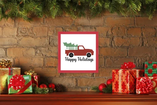 Happy Holidays Red Truck 15.5" x 15.5" Framed Christmas Wall Decor Art Print Sign Poster in a Red Wooden Frame with UV Acrylic and Hangers