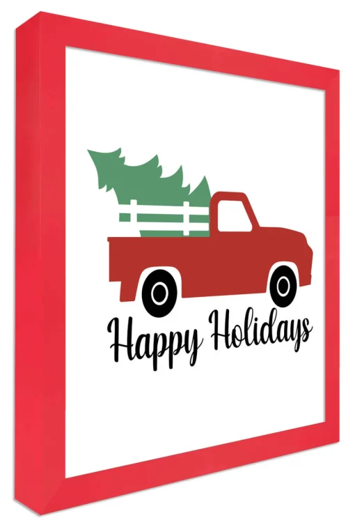 Happy Holidays Red Truck 15.5" x 15.5" Framed Christmas Wall Decor Art Print Sign Poster in a Red Wooden Frame with UV Acrylic and Hangers