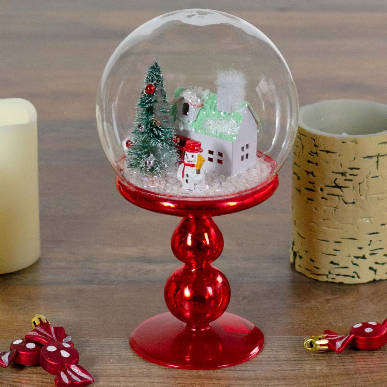 Holiday Scene Pedestal Globe Decoration -8.75" - Red