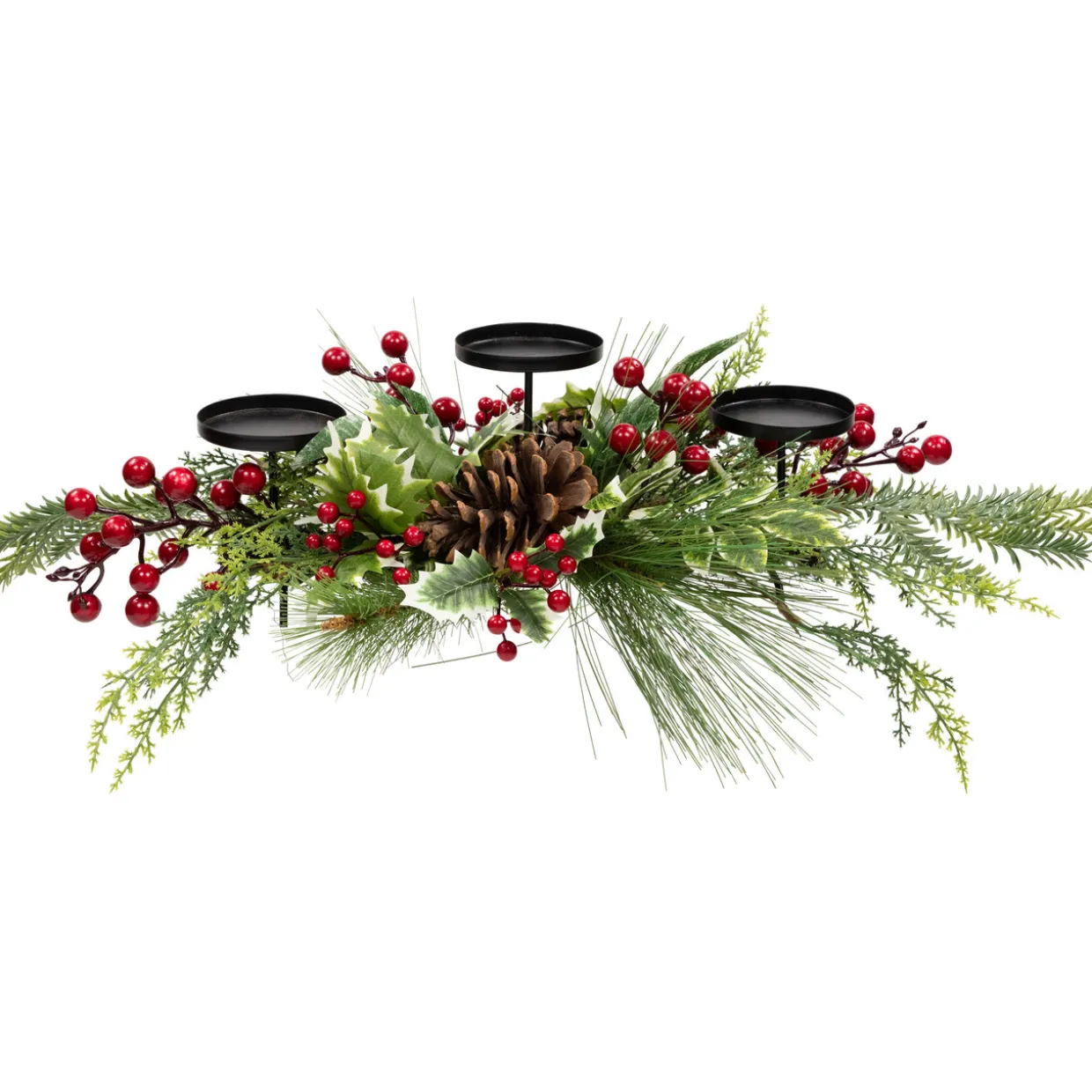 Holly and Berries Christmas Pillar Candle Holder with Pine Cones - 28"
