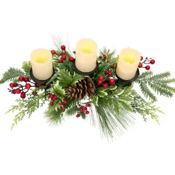 Holly and Berries Christmas Pillar Candle Holder with Pine Cones - 28