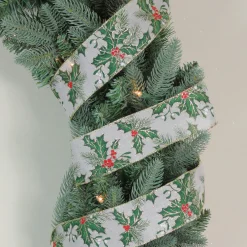 Ivory and Green Holly Leaves Christmas Wired Craft Ribbon 2.5" x 16 Yards