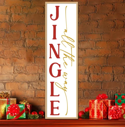 Jingle All The Way Tall 12.5" x 43.5" Framed Christmas Wall Decor Art Print Sign Poster in a Natural Wooden Frame with UV Acrylic and Hangers