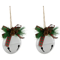 Jingle Bells with Bow and Pinecones Christmas Disc Ornaments - White - 5
