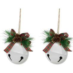 Jingle Bells with Bow and Pinecones Christmas Disc Ornaments - White - 5