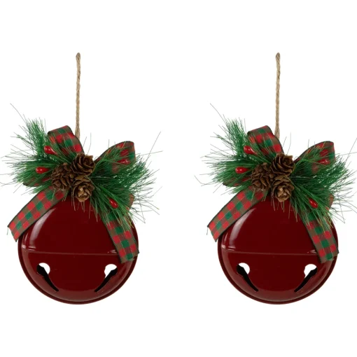 Jingle Bells with Bow and Pinecones Christmas Disc Ornaments - Red - 5" - Set of 2