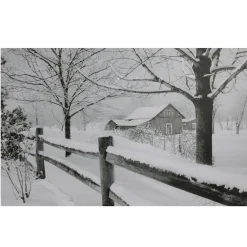 Large Fiber Optic Lighted Snowy Winter Cabin Canvas Wall Art 23.5" x 15.5"