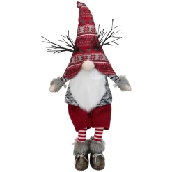 LED Lighted Antlers Fair Isle Sitting Gnome Christmas Figure - 30" - Red and Gray