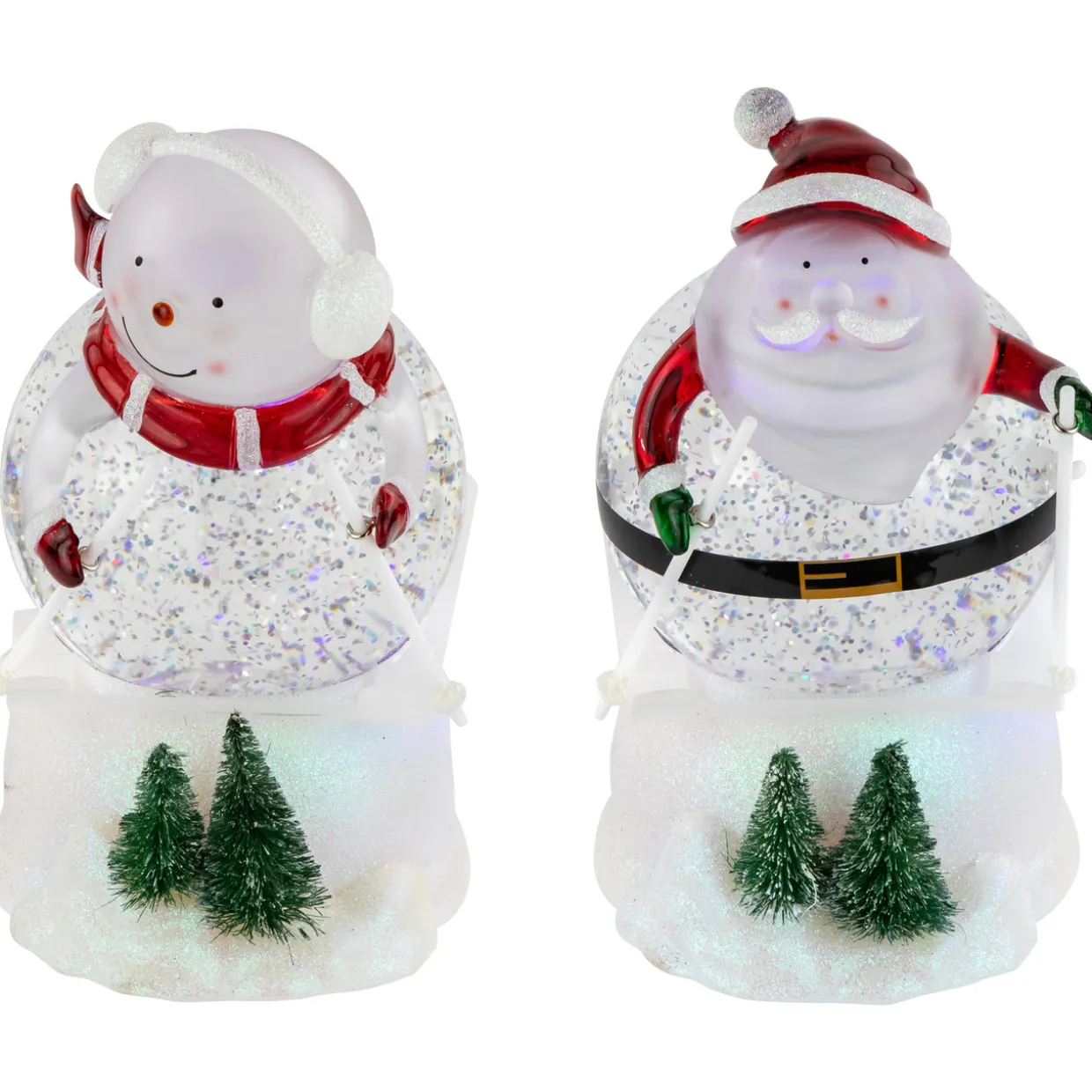 LED Lighted Color Changing Skiing Santa and Snowman Acrylic Christmas Snow Globes - 7.25" - Set of 2