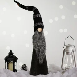 LED Lighted Cone Gnome with Knitted Hat Christmas Figure - 37" - Black and Gray