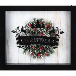 LED Lighted Framed Wreath "Merry Christmas" Box Wall Art Decoration - 14" - Black
